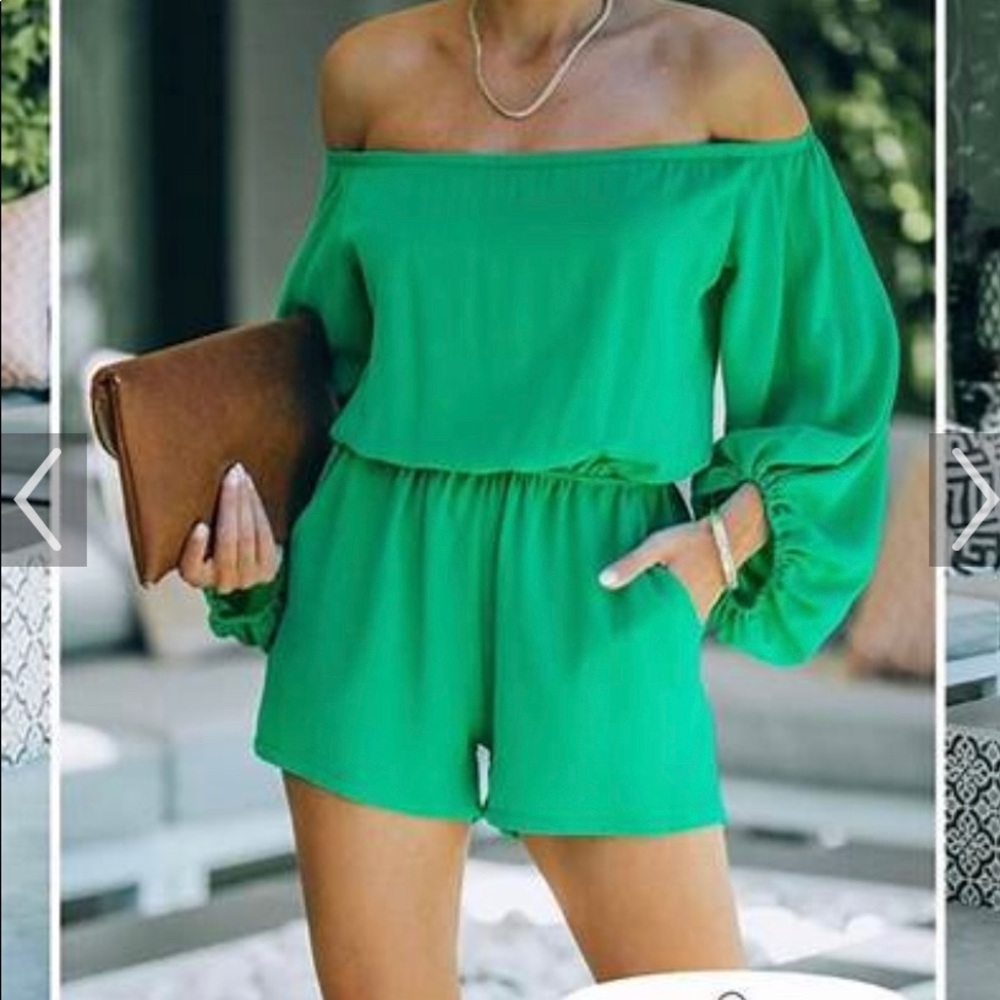 Vici Green Off-Shoulder Long Sleeve Romper Shorts